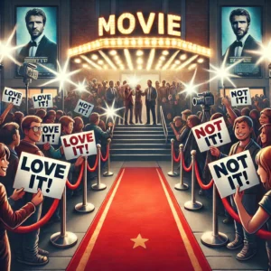 Movie premiere red carpet event with fans holding mixed reaction signs and paparazzi flashing cameras.