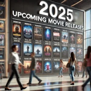 Cinema lobby showing a board of upcoming movie releases for 2025, with people casually walking by.