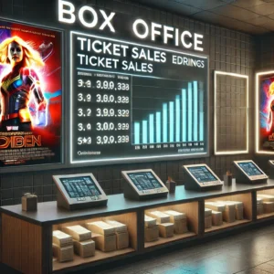 Movie theater box office counter showing ticket sales and earnings with posters displaying contrasting reviews.