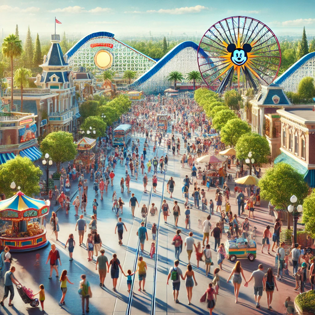 A vibrant scene showing a diverse crowd of people enjoying a day at a Disney theme park, with various attractions like roller coasters and buildings visible in the background.