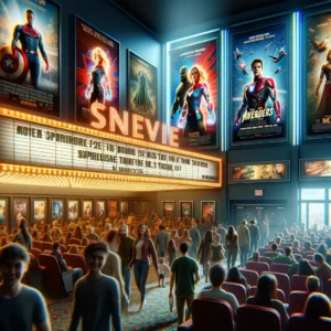 A bustling movie theater scene with excited patrons walking in and out. Posters for futuristic and superhero films are displayed, hinting at upcoming releases without recognizable characters or branding.