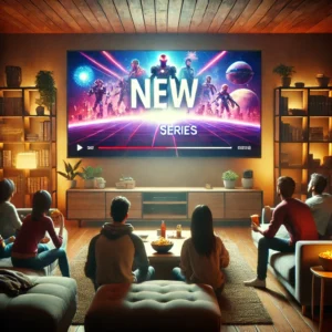 A cozy living room where a diverse group of people is watching TV, enjoying a new streaming series with snacks, under dim lighting that creates a relaxed movie-night atmosphere.