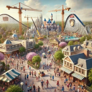 A Disney theme park expansion under construction with cranes and workers building new attractions, while families enjoy the existing rides and facilities.