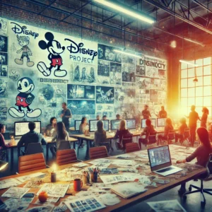 A creative studio setting with people gathered around a table discussing new Disney projects. The table is covered with concept art and sketches, with computers and whiteboards in the background, creating an energetic, collaborative atmosphere.