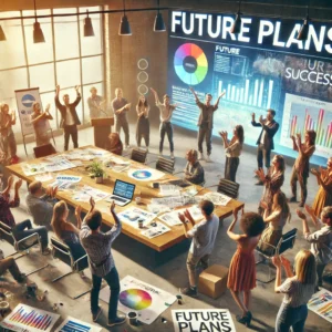 A group of diverse people celebrating and applauding in a large conference room, with charts and future plans on display. The scene captures a sense of achievement and excitement for upcoming projects.