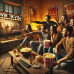 Group of friends engaging in an interactive movie trivia game in a cozy living room, with popcorn and movie posters.