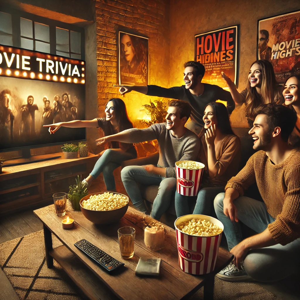 Group of friends engaging in an interactive movie trivia game in a cozy living room, with popcorn and movie posters.