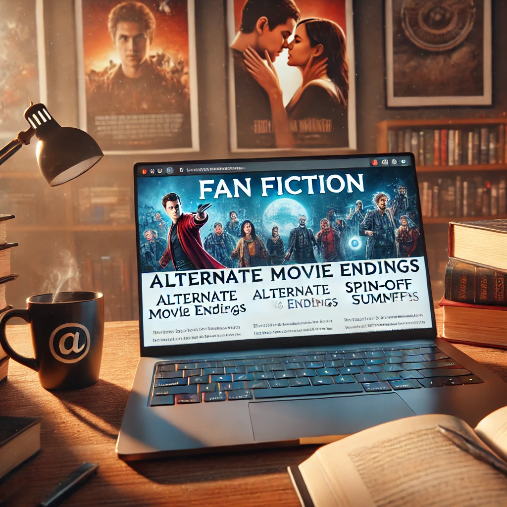 An open laptop displaying a fan fiction website with alternate movie endings and spin-off summaries, surrounded by books, a coffee mug, and movie posters in a cozy room.