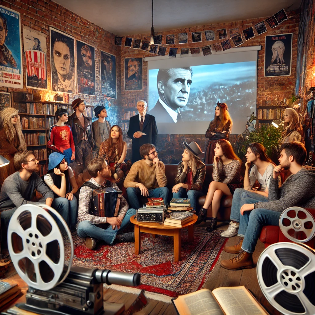 Group of passionate movie enthusiasts gathered in a room with movie posters and memorabilia, some dressed in cosplay, others holding movie-themed items, with a projector displaying a classic film scene.