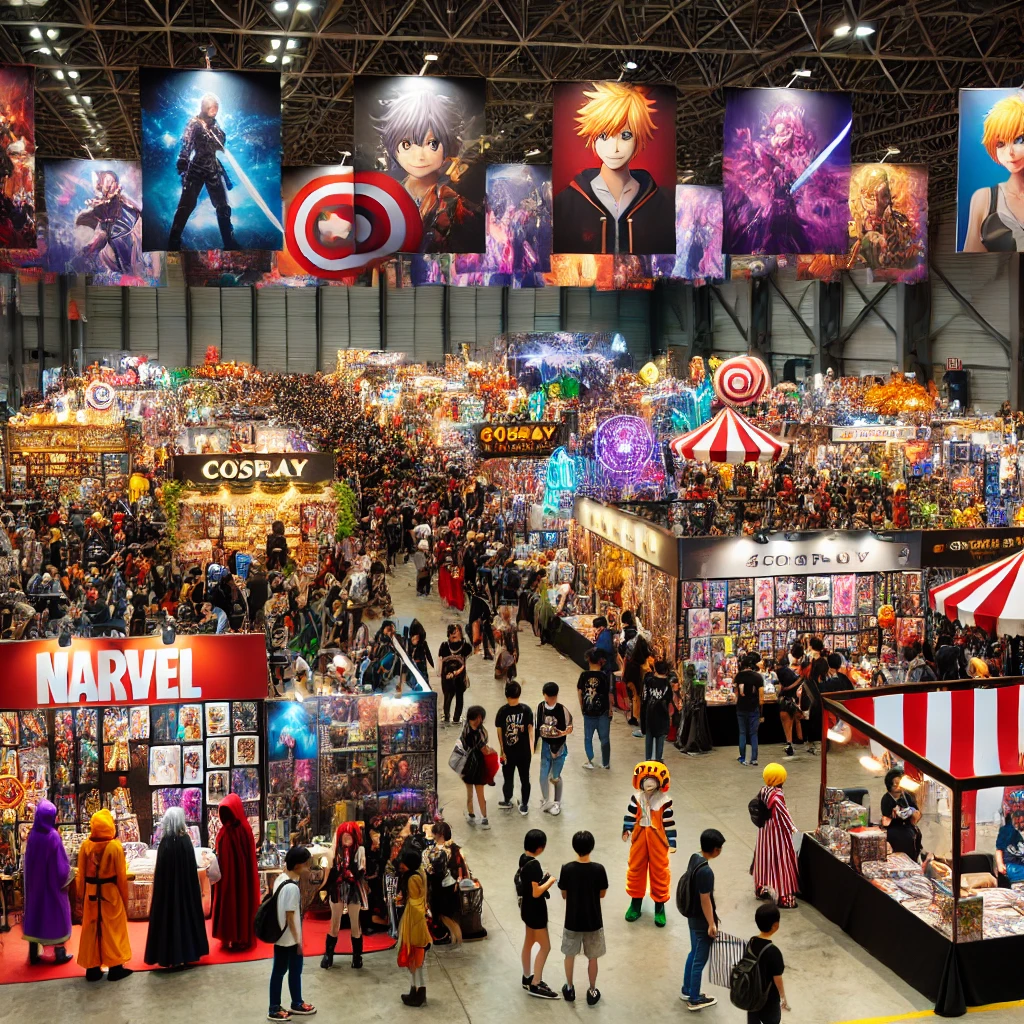 A lively fan convention with attendees in colorful costumes, decorated booths showcasing fictional genres, and a festive atmosphere in a spacious indoor venue.