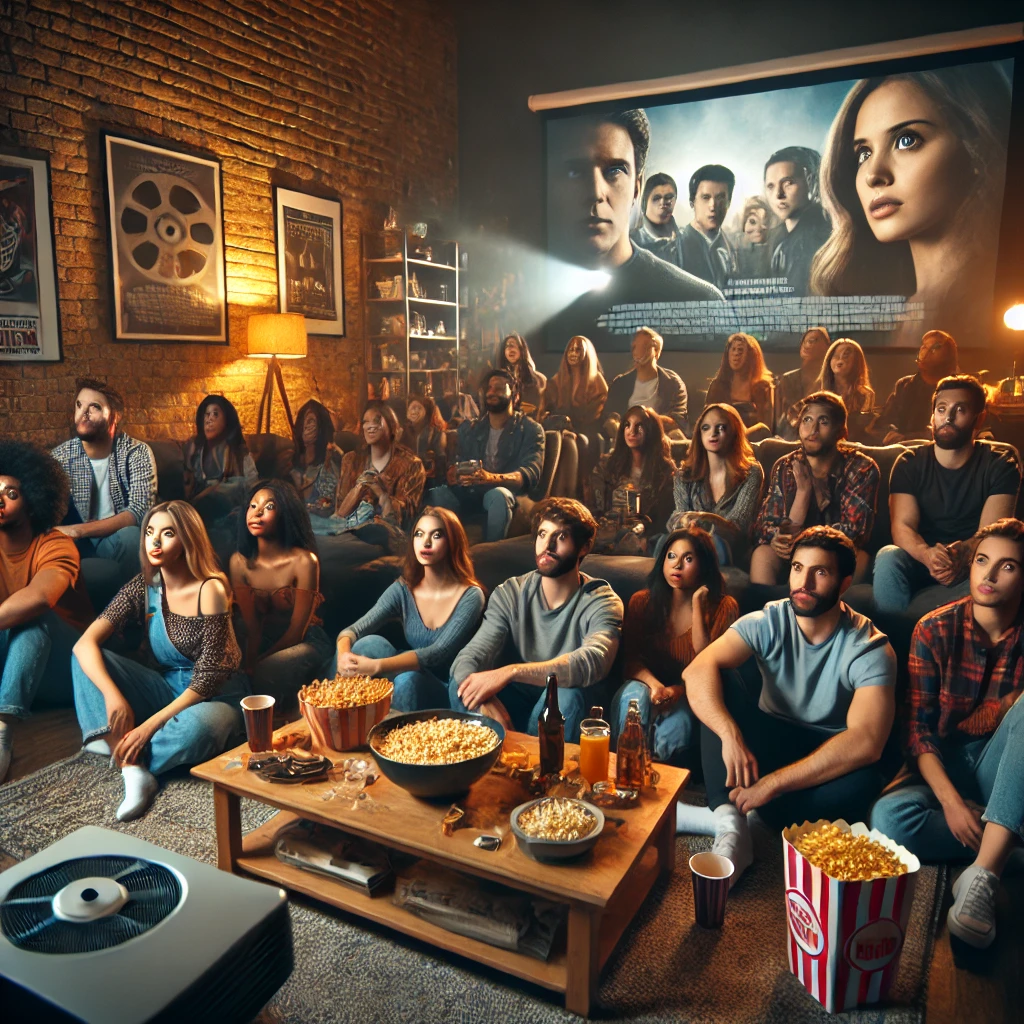 A group of diverse people watching a movie in a cozy living room, sitting on couches and the floor with snacks, surrounded by film memorabilia.