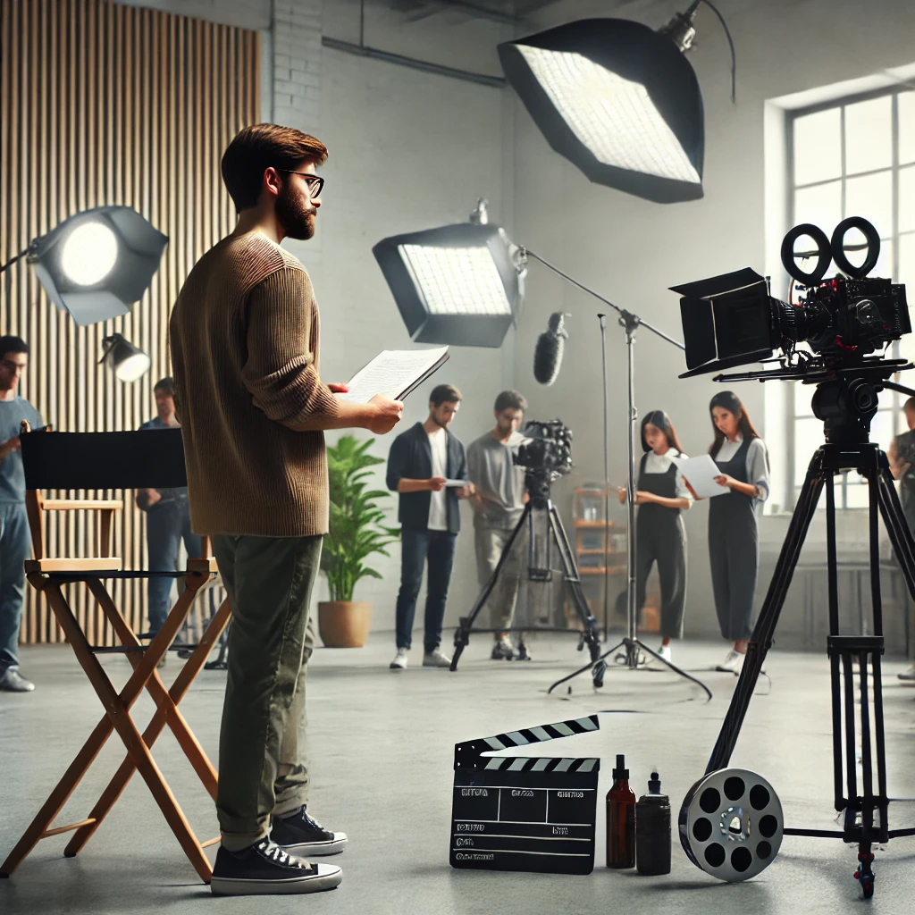 Independent filmmaker on set, directing a small film crew in a minimalist indoor studio with cameras and lighting equipment.