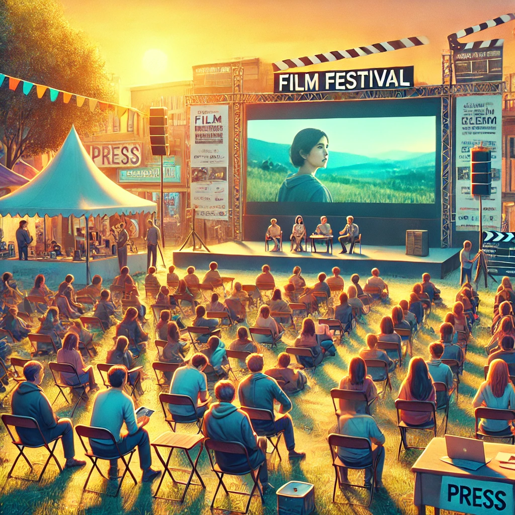 Outdoor film festival with a large screen, filmmakers interacting, and attendees watching a movie.