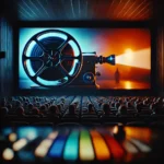 A cinematic scene with a vibrant contrast of colors on a movie theater screen, featuring deep blue and orange hues, with an audience in silhouette watching attentively.