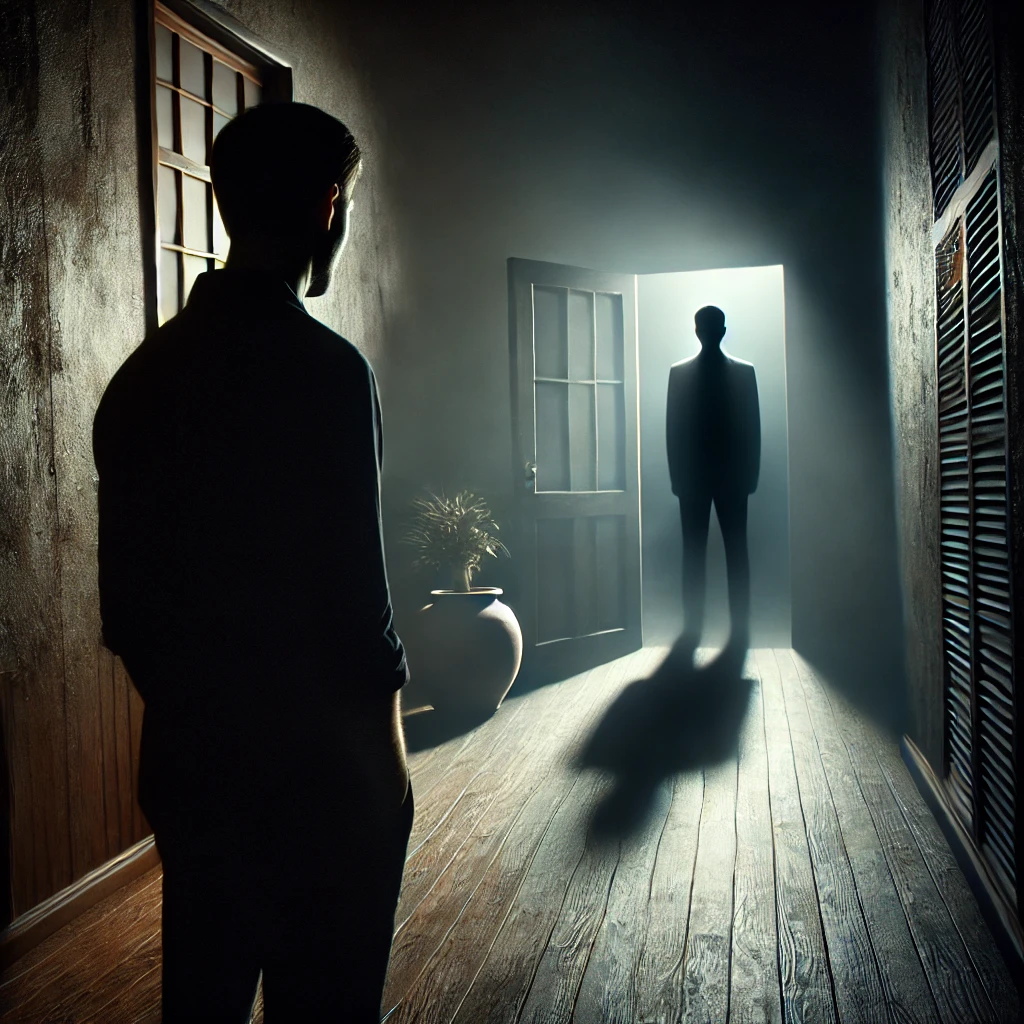 Dark and suspenseful scene from a psychological thriller with shadows and a mysterious figure in the corner.