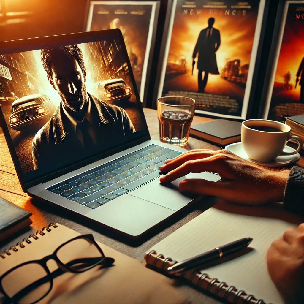 A film critic sitting at a desk with a laptop open, movie posters in the background, and a cozy atmosphere.