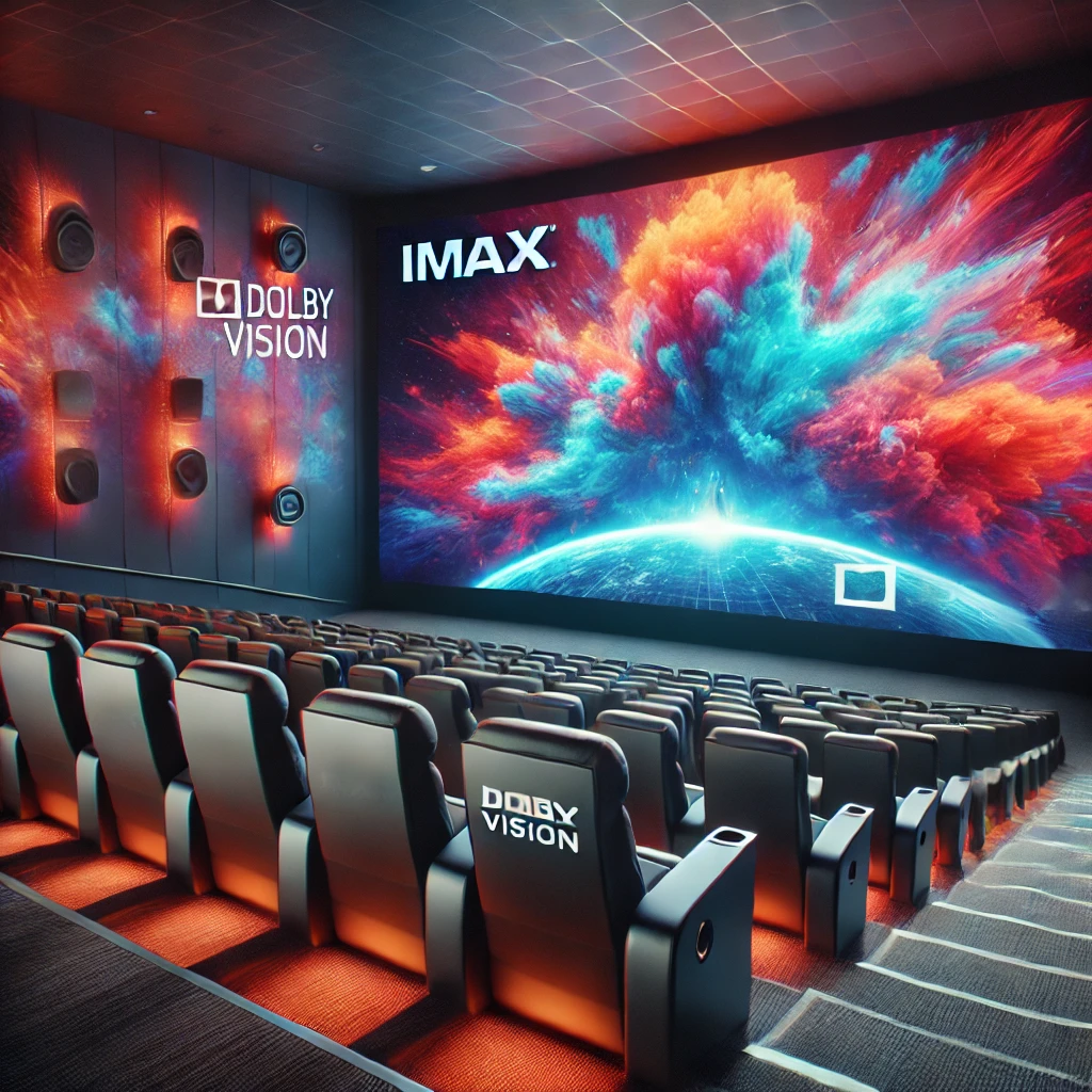 Modern movie theater showcasing IMAX screen and Dolby Vision seating with surround sound technology.