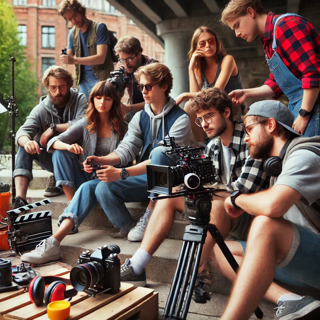 Young indie filmmakers on an outdoor set, collaborating with minimal equipment and a creative atmosphere.