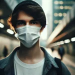 A person wearing a medical mask standing in a quiet urban setting, highlighting the isolation during the pandemic.