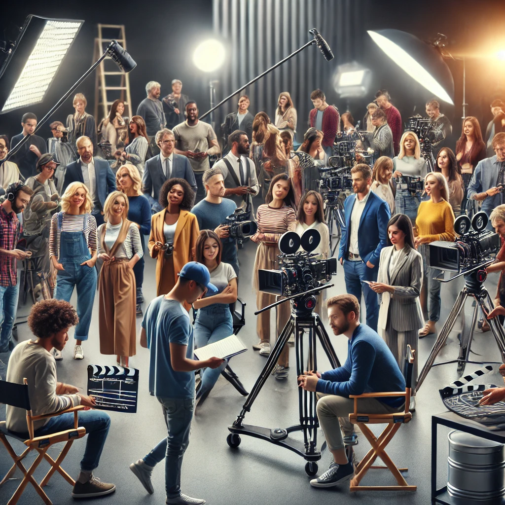 Diverse group of filmmakers and actors collaborating on a modern film set, representing various ethnicities and genders, working with cameras and lighting equipment.