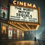 Cinema marquee with the title "The Worst Movie Sequels" in bright letters, a dimly lit street, and posters of infamous films like "Jaws: The Revenge" and "Highlander II" on the theater wall, capturing the nostalgic disappointment of bad cinema.