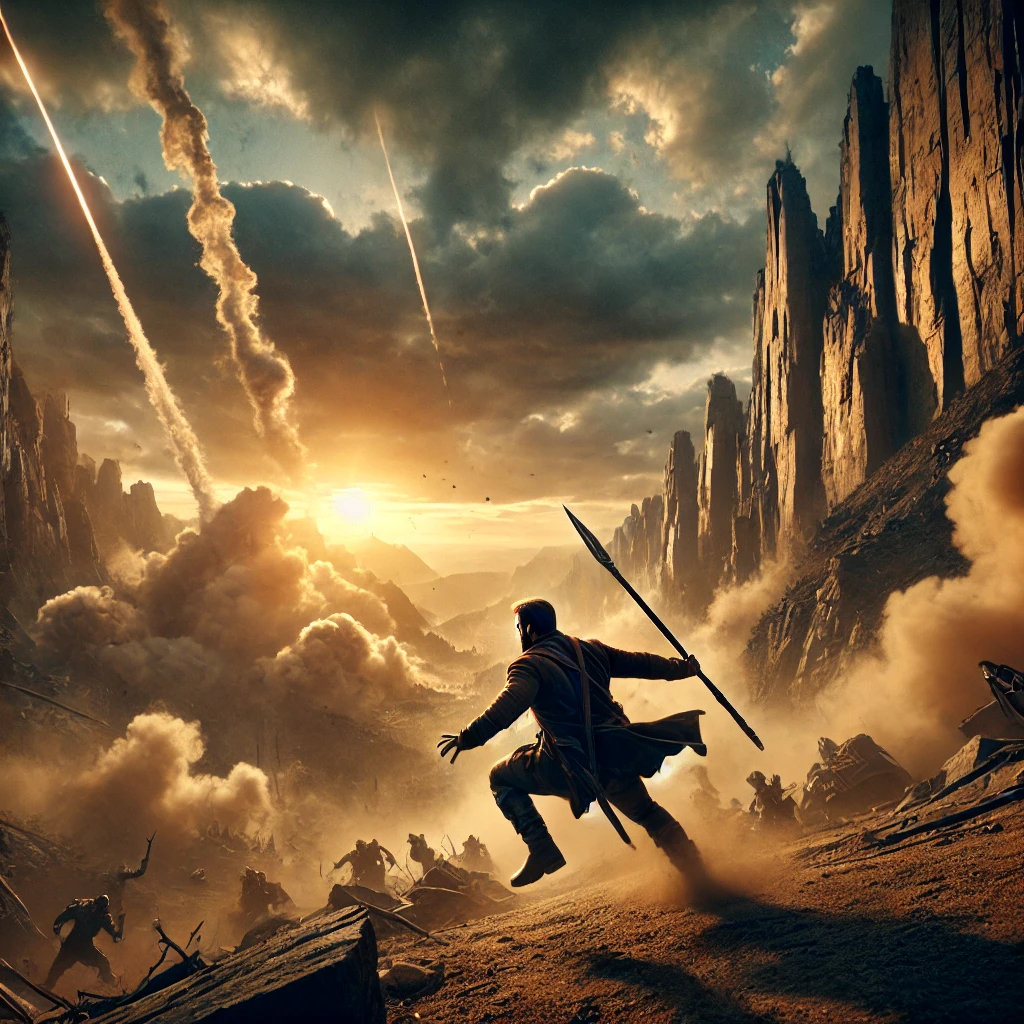 Heroic figure in an epic battle set in a rugged landscape with towering cliffs and destruction in the background during sunset, showcasing dramatic cinematic action.