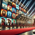 Photorealistic red carpet movie premiere with spotlights and cinema posters representing various film genres like action, fantasy, animation, and historical without specific characters.