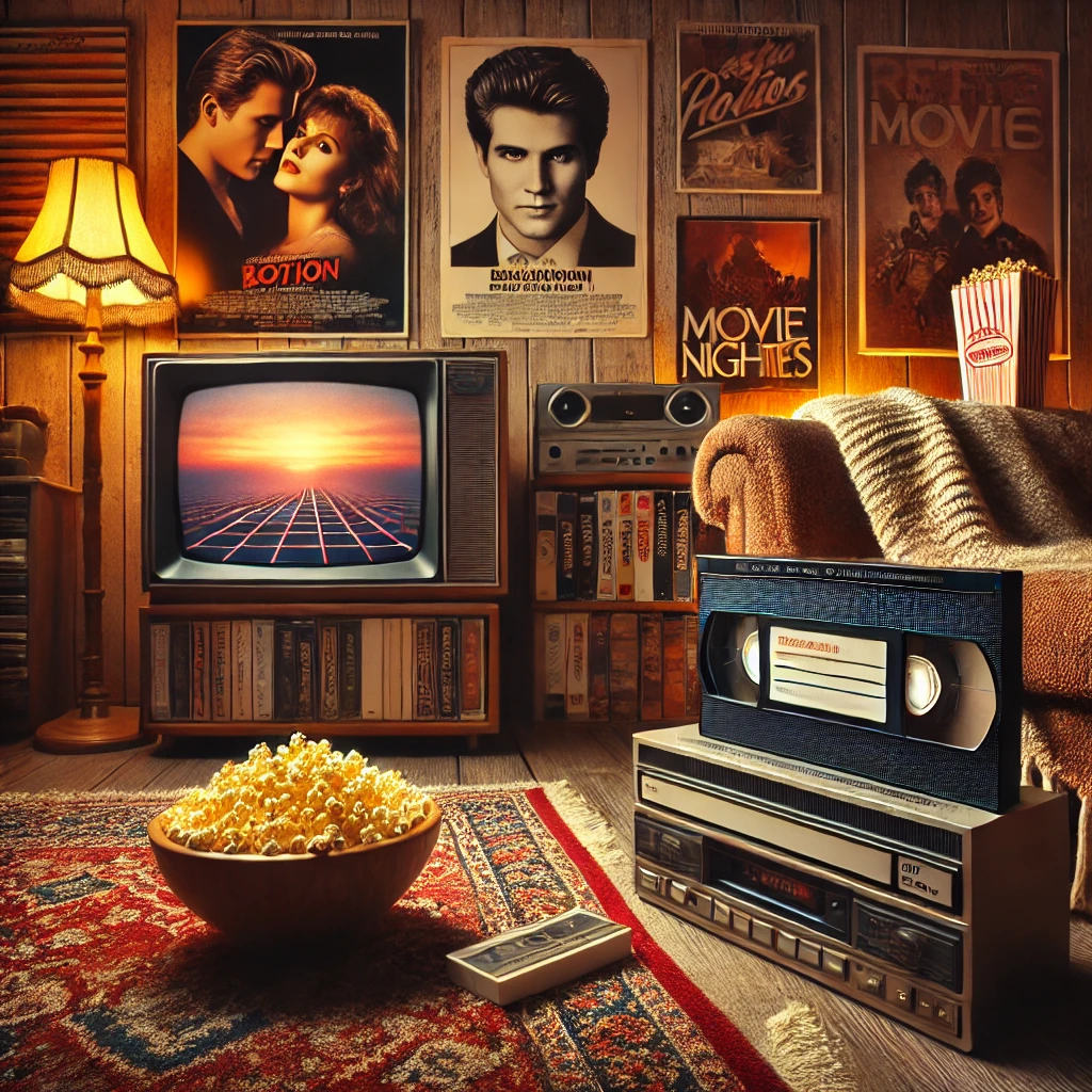 Cozy 1980s living room with a tube TV, VHS player, popcorn on a table, and retro movie posters on the wall, evoking nostalgia.