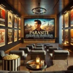 A cozy cinema room with a projector playing a foreign film with subtitles, vintage posters from iconic international movies such as Parasite and Roma on the walls, and a table with popcorn and drinks, evoking the experience of global cinema.