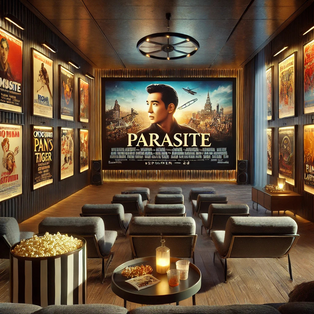 A cozy cinema room with a projector playing a foreign film with subtitles, vintage posters from iconic international movies such as Parasite and Roma on the walls, and a table with popcorn and drinks, evoking the experience of global cinema.