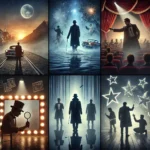 Five fictional movie scenes with unexpected plot twists, including a misty island, shadowy figures dueling on a stage, detectives investigating under a streetlight, and a figure facing broken mirrors, representing mystery and psychological themes.