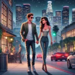 Fictional celebrity couple walking together outside a Los Angeles venue at night