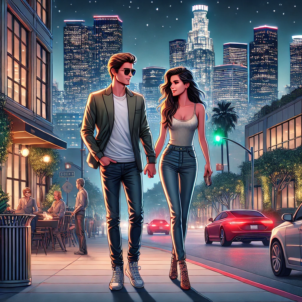 Fictional celebrity couple walking together outside a Los Angeles venue at night