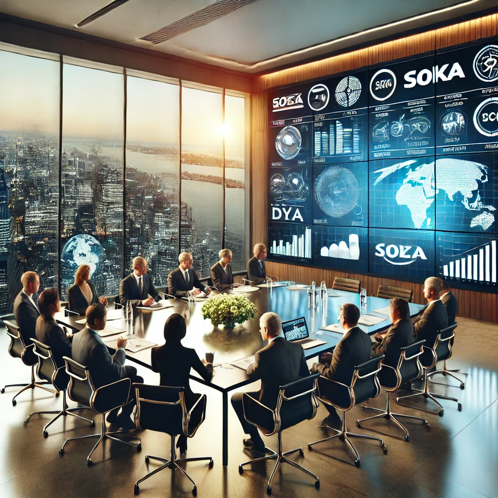 Business executives from media and tech companies discussing a merger or acquisition in a modern conference room with city skyline in the background.