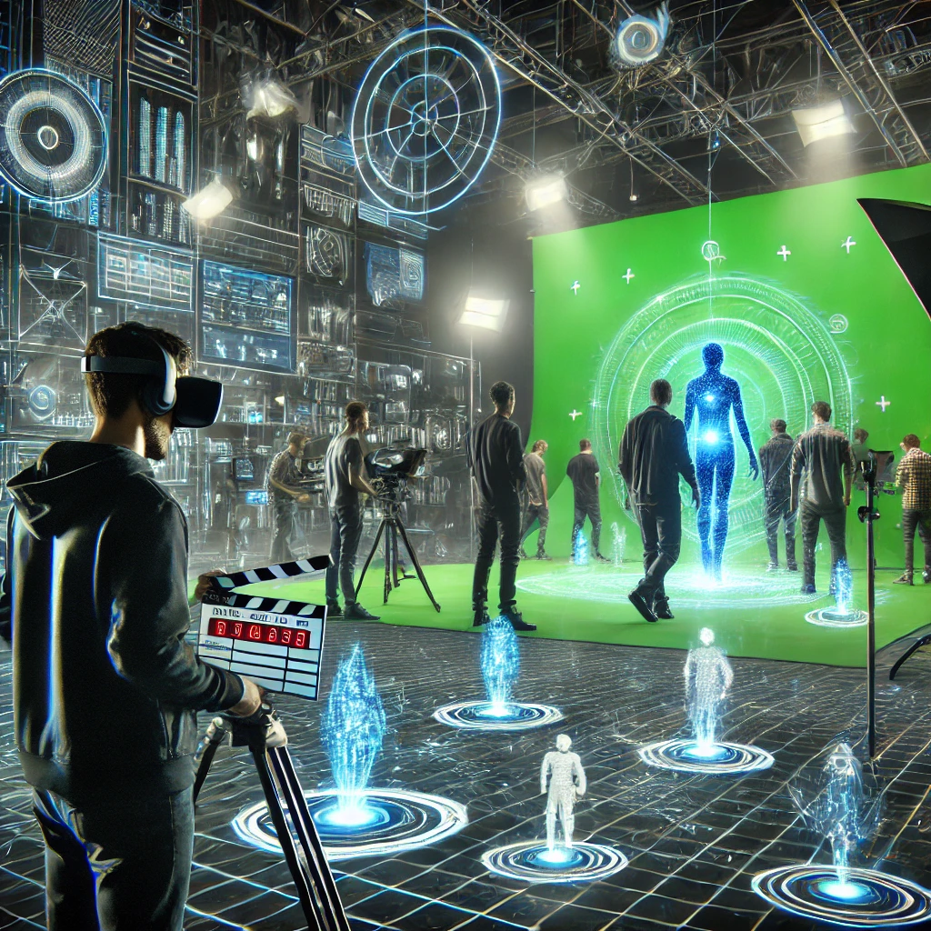 A filmmaker on a futuristic movie set using virtual reality and augmented reality technologies, wearing a VR headset and directing actors in front of a green screen with holographic interfaces.