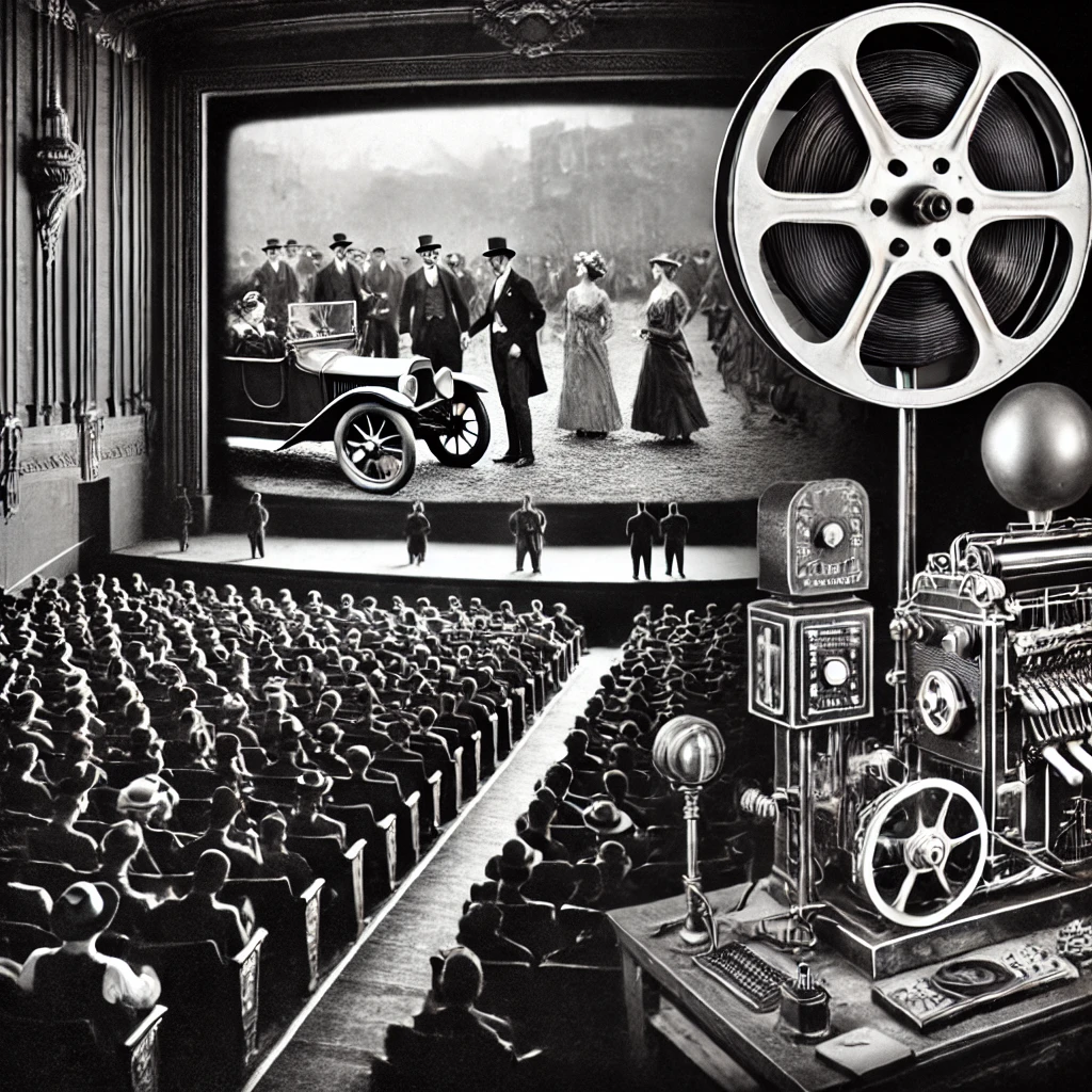 Black-and-white image showing the transition from silent films to talkies in a 1920s movie theater, with vintage sound equipment being set up.