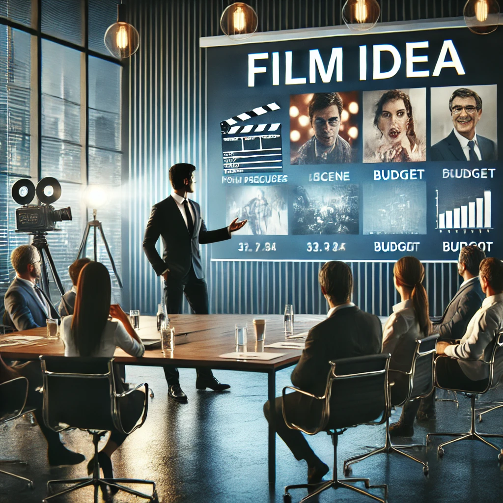 A person pitching a film idea in a professional conference room, presenting to film producers and investors with a projector displaying movie scenes and budget details.