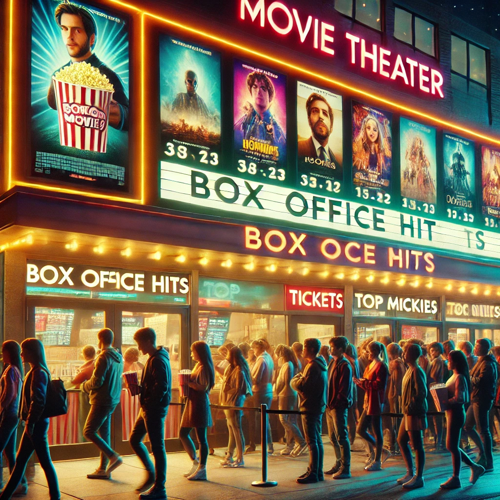 Movie theater entrance at night with bright neon lights, marquee displaying blockbuster film titles, and a lively crowd of moviegoers.