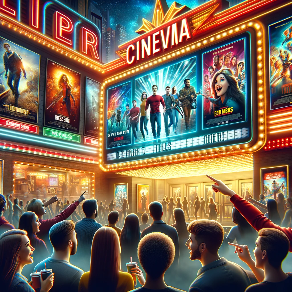 Fans reacting to movie trailers at a vibrant movie theater entrance with a large digital screen.