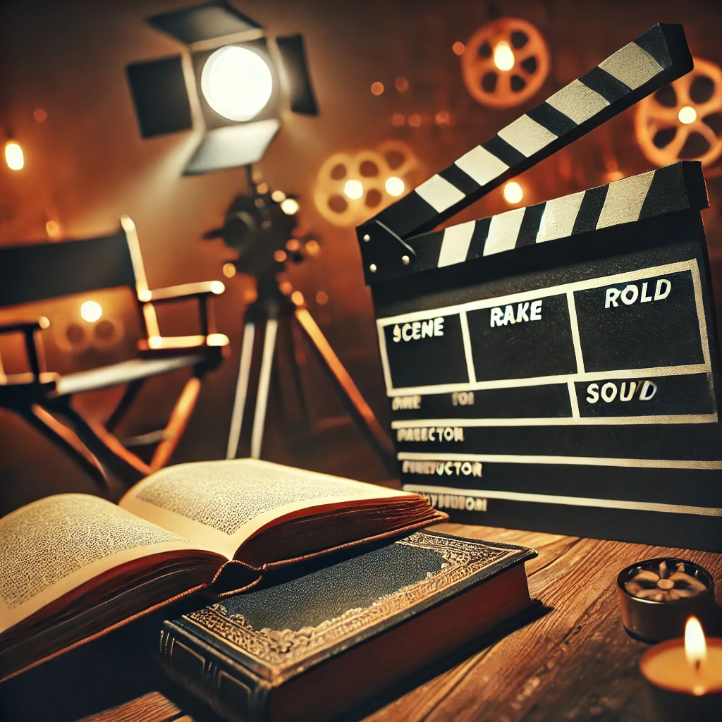 A film set with an open book and a clapperboard side by side, with a film camera and director's chair blurred in the background.