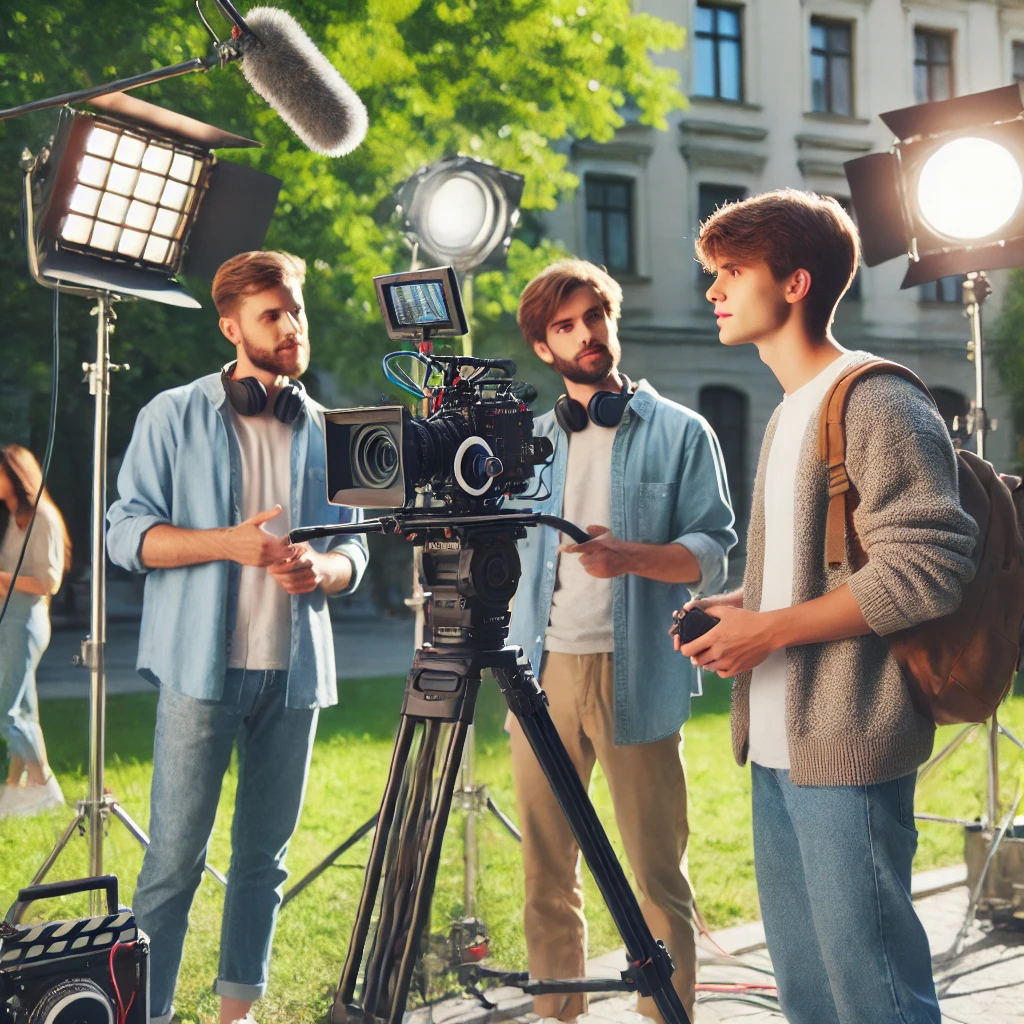 Young filmmaker discussing a shot with a film crew on a movie set, outdoors with professional equipment like lights and cameras.