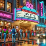 Retro-inspired 80s movie theater with neon lights and bustling crowd in 80s fashion