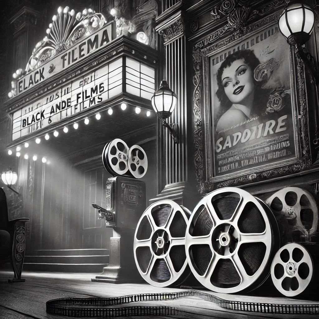 A nostalgic black and white photograph of a vintage cinema, featuring a classic theater with a marquee sign, film reels, and posters of iconic black and white films.