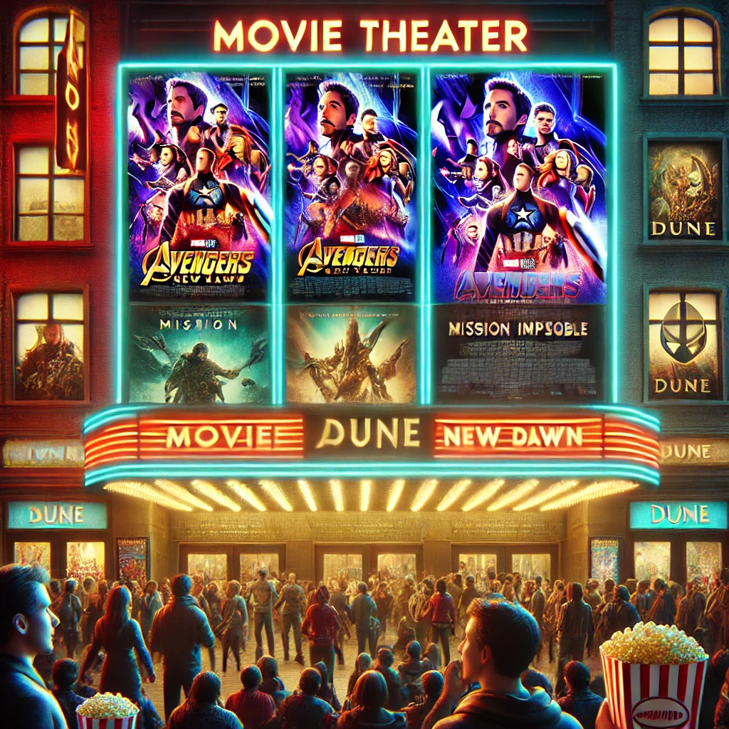 A movie theater at night with a digital marquee displaying posters of upcoming blockbusters like Avengers: New Dawn, Mission: Impossible, and Dune, with fans excitedly gathered outside.