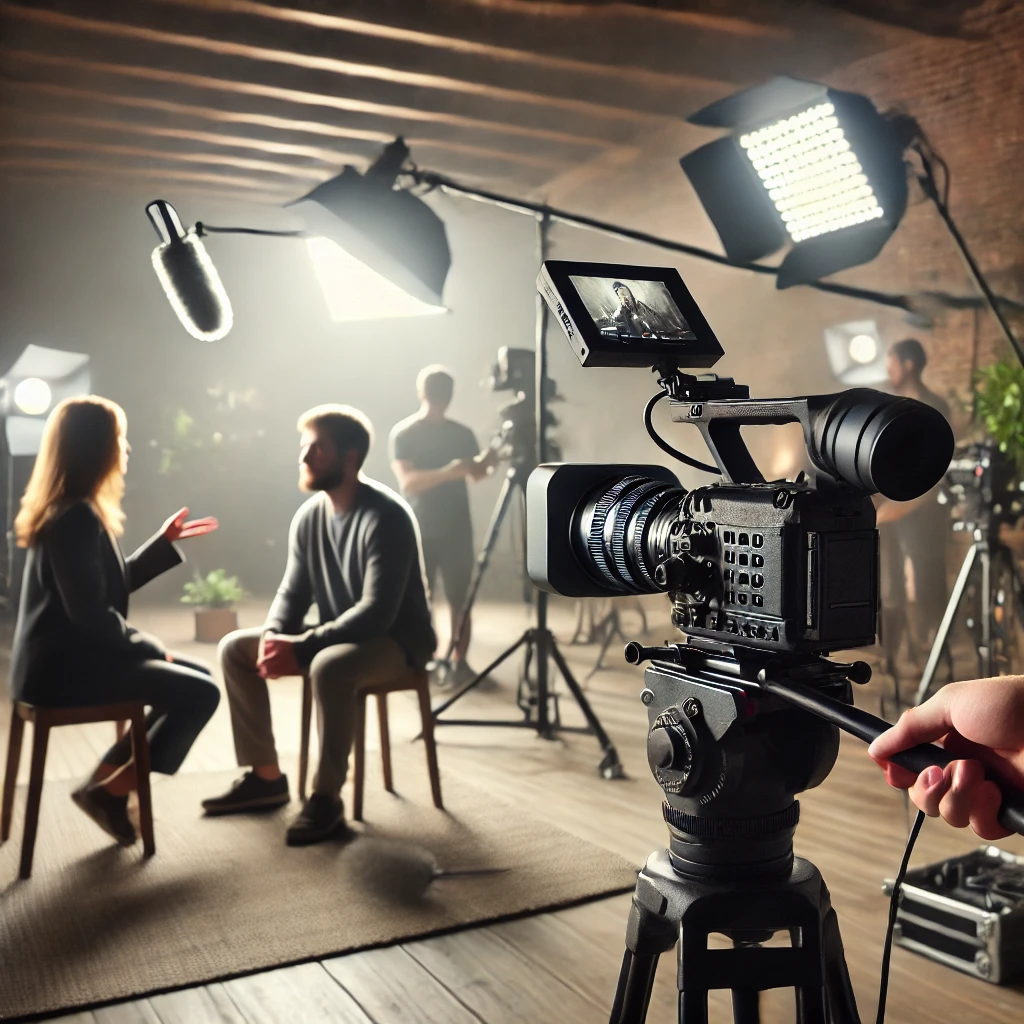 Documentary filmmaker capturing real-life stories, standing behind a camera and filming an interview in a natural setting with lighting equipment and crew visible in the background.