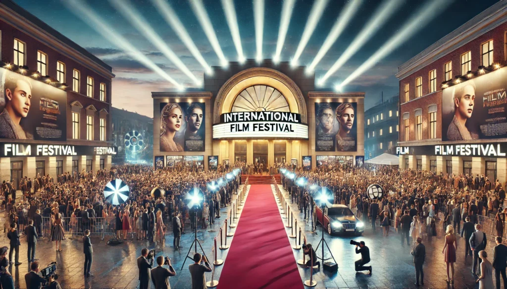 A glamorous red carpet event at an international film festival, with crowds, spotlights, and promotional banners outside a grand cinema hall.