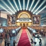 A glamorous red carpet event at an international film festival, with crowds, spotlights, and promotional banners outside a grand cinema hall.