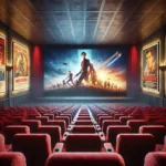 Modern movie theater with red velvet seats, large screen showing an action movie, and classic movie posters on the walls.