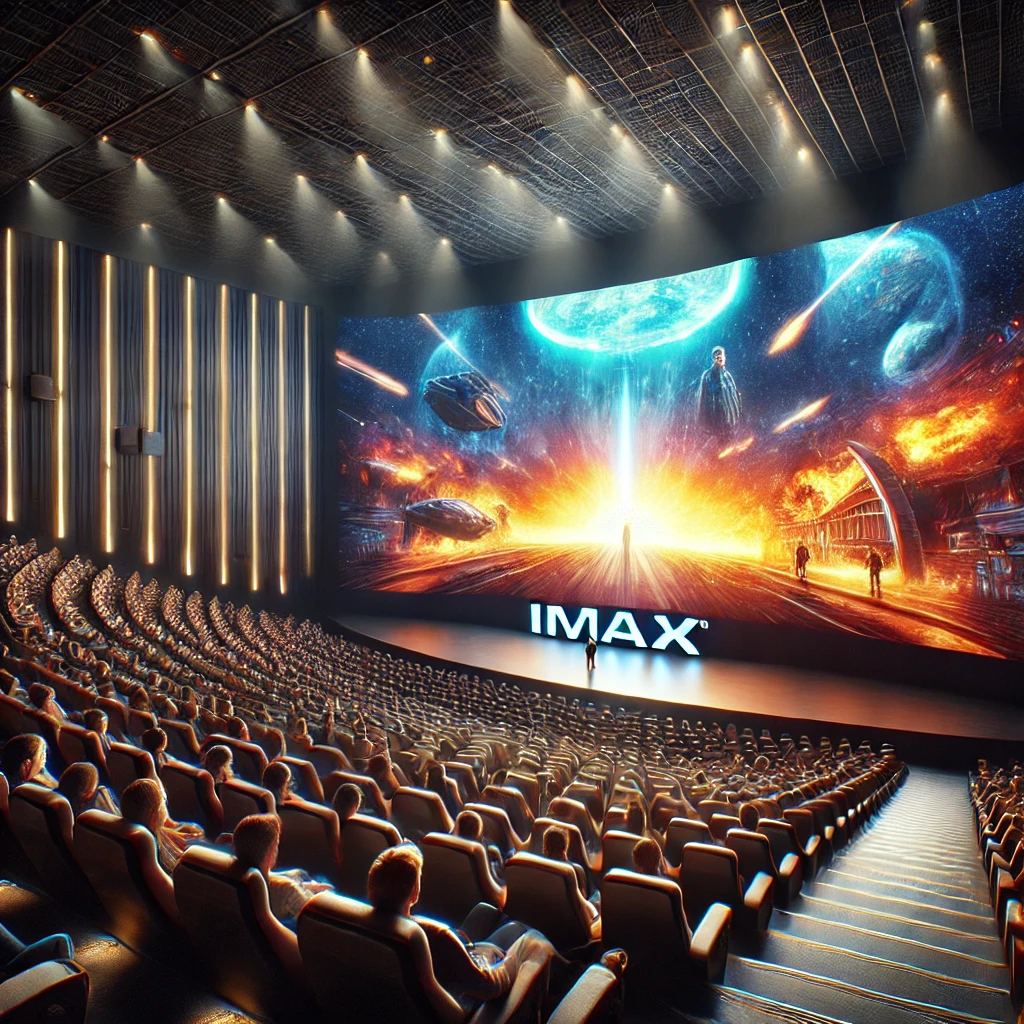 IMAX theater during a science-fiction film screening, featuring a massive floor-to-ceiling curved screen with vivid, high-definition visuals. The audience sits in comfortable, stadium-style seating, fully immersed in the cinematic experience.