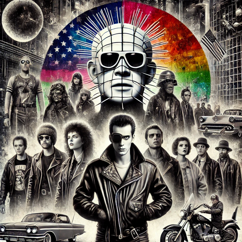 A collage of cult classic movie elements featuring characters in black-and-white scenes from 'Eraserhead,' a group of leather-jacketed punks from 'The Warriors,' a sci-fi figure wearing sunglasses inspired by 'They Live,' and a chaotic, colorful background reminiscent of 'Repo Man.